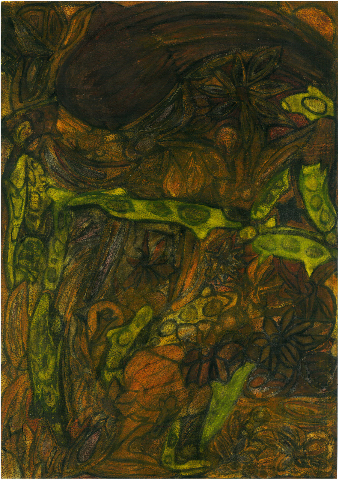 Still life with clove, badiane and turmeric root. Artwork by Hvrenja. Acrylic and oil on paper.